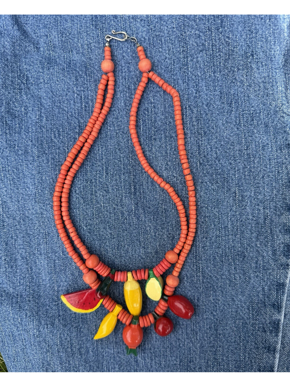 Vintage Orange/ Coral Wood Bead Charm Necklace Fruit and Vegetable Salad Retro